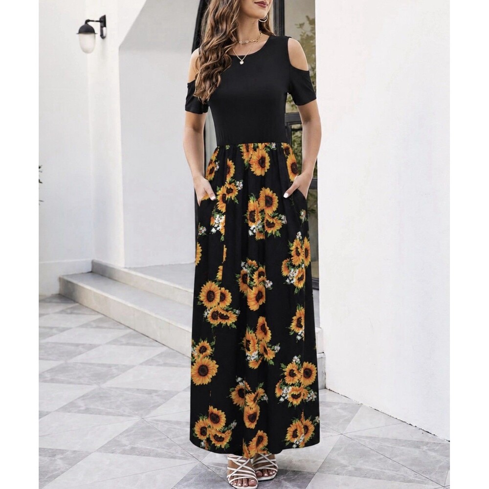 Kancystore Women’s Long Tank Dress Cold Shoulder Large Round Neck Floral Pockets